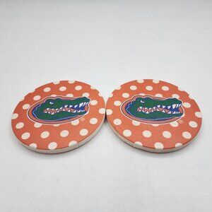 NCAA UF Florida Gators Polka Dot Drink Coasters Stoneware Set of 2 Orange 4.25"